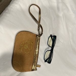 Gold, sequin, and corduroy purse
